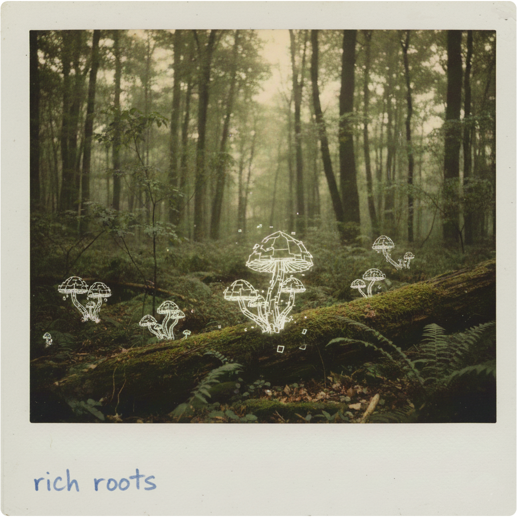 Digital fungi grow on the understory of a lush forest.