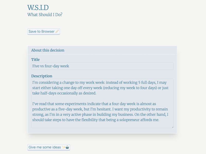 Tool panel showing the description of a decision the user is making