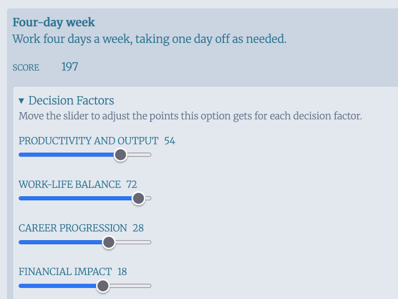 Tool panel showing the factors involved in making a decision