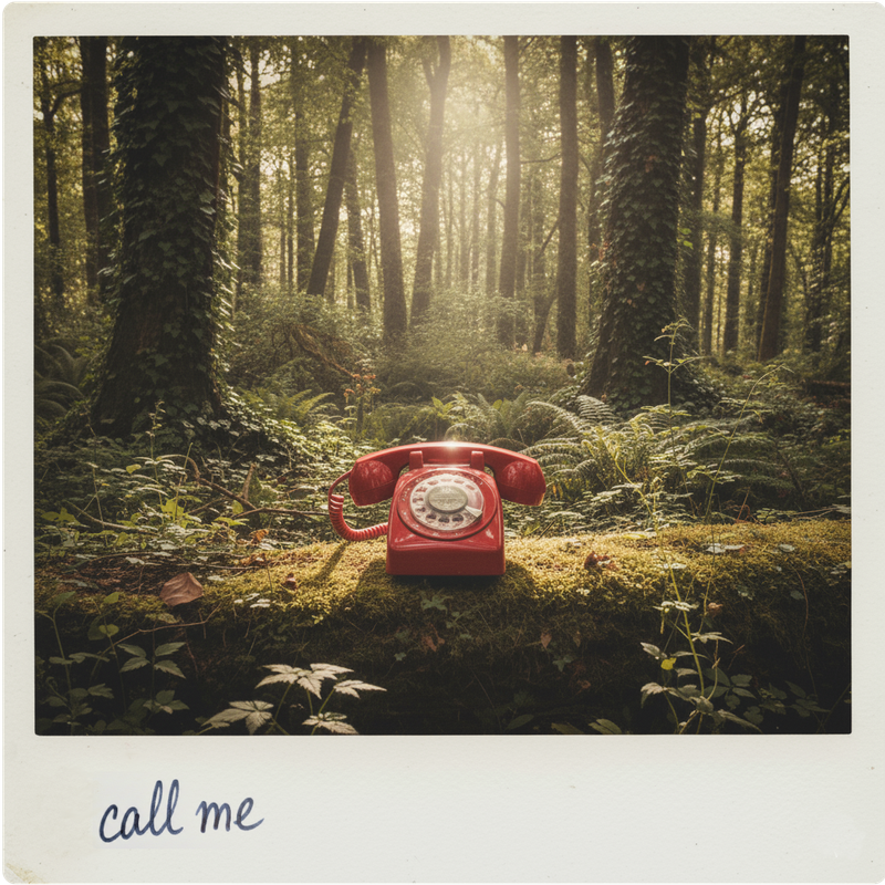 A red rotary phone sits on a log, in the middle of a lush forest.