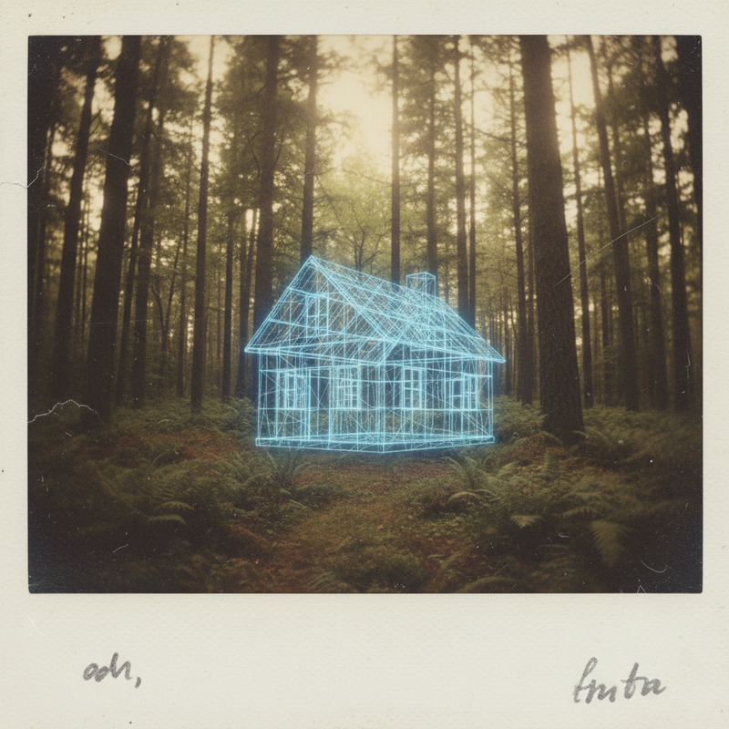 A digital solid digital cabin in the woods.