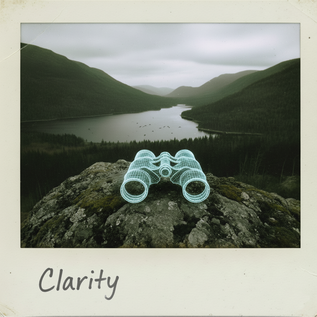 A pair of binoculars on a rock. In the distance, a lake and forested mountains can be seen.